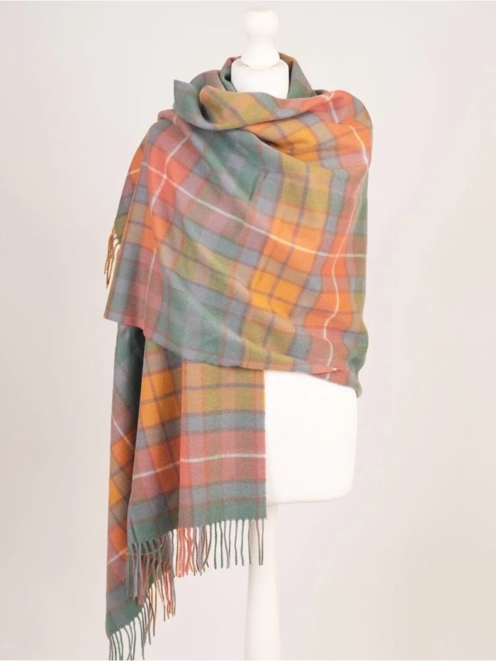Edinburgh Lamb Wool Plaid Wrap Scarf in Orange, Green, Mustard Yellow